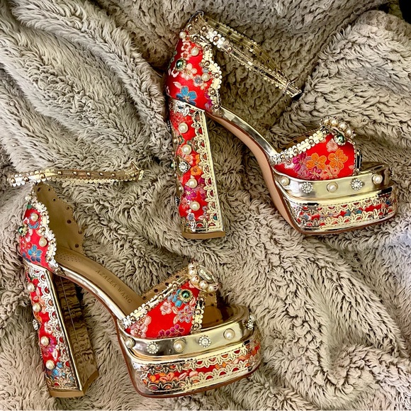 New Azalea Wang Party Peep Platform Heels Embellished Satin Victorian Ankle 6 - Picture 3 of 12